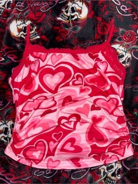 SHEIN Pink & Red Heart Print Cami Top